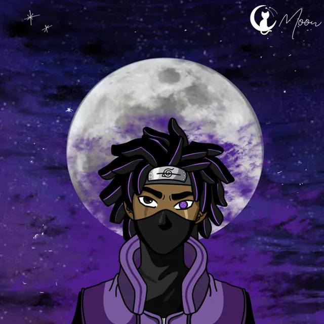 Portrait d'un ninja encapuchonné devant la pleine lune