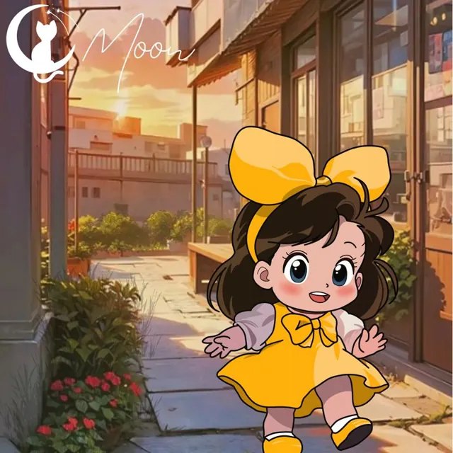 Fillette chibi en robe jaune sur une terrasse au coucher du soleil