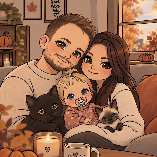Portrait de famille cosy avec bébé et chats en automne