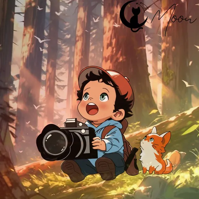 Enfant photographe et renard dans une forêt dorée