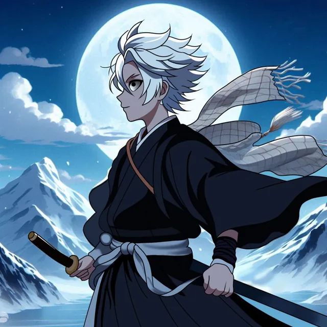 Samouraï aux cheveux blancs sous la lune, montagnes enneigées