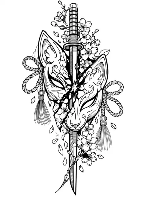Line art : masque de renard kitsune, sabre et fleurs