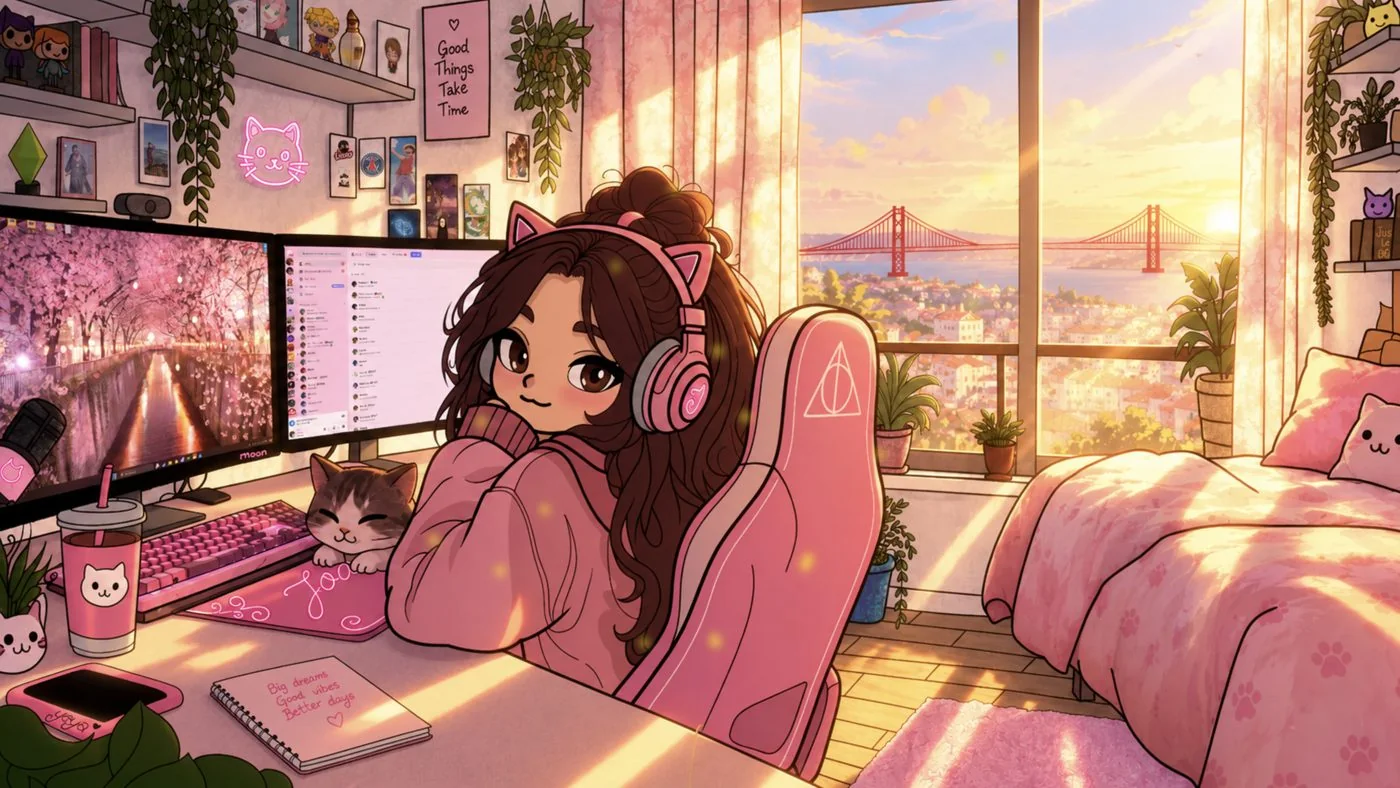Illustration de Joanna dans son studio, casque à oreilles de chat, avec son chat sur le bureau